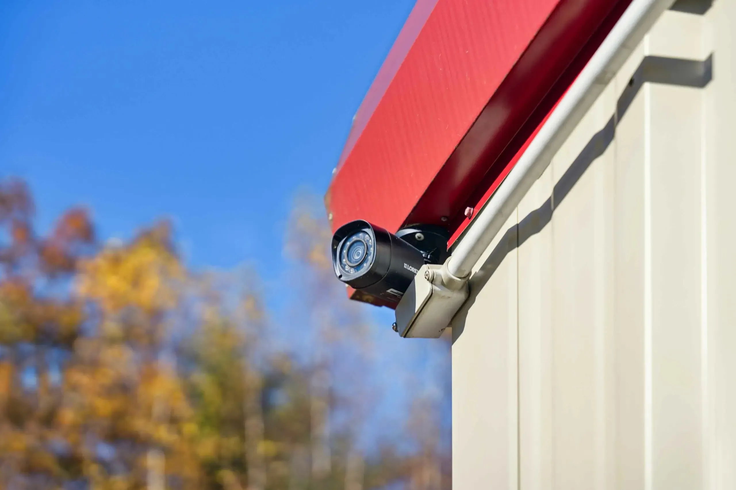 Security camera on the edge of a building.