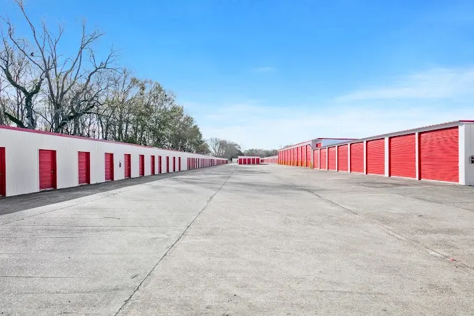 Wide row of storage units.