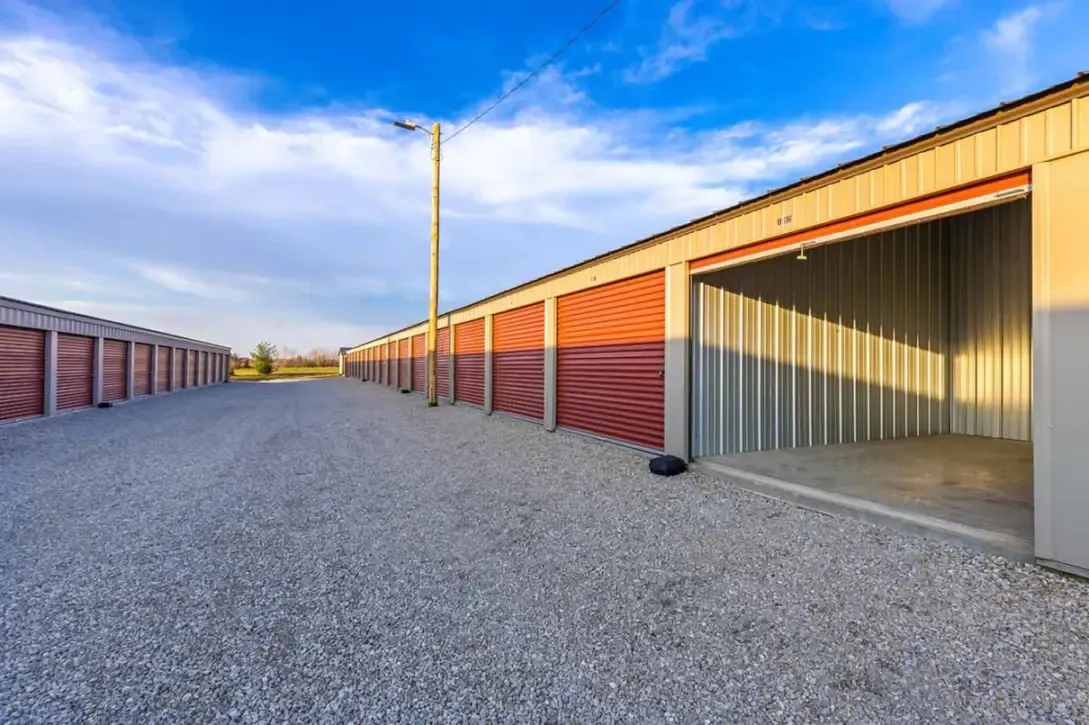 An open storage unit in a long row.