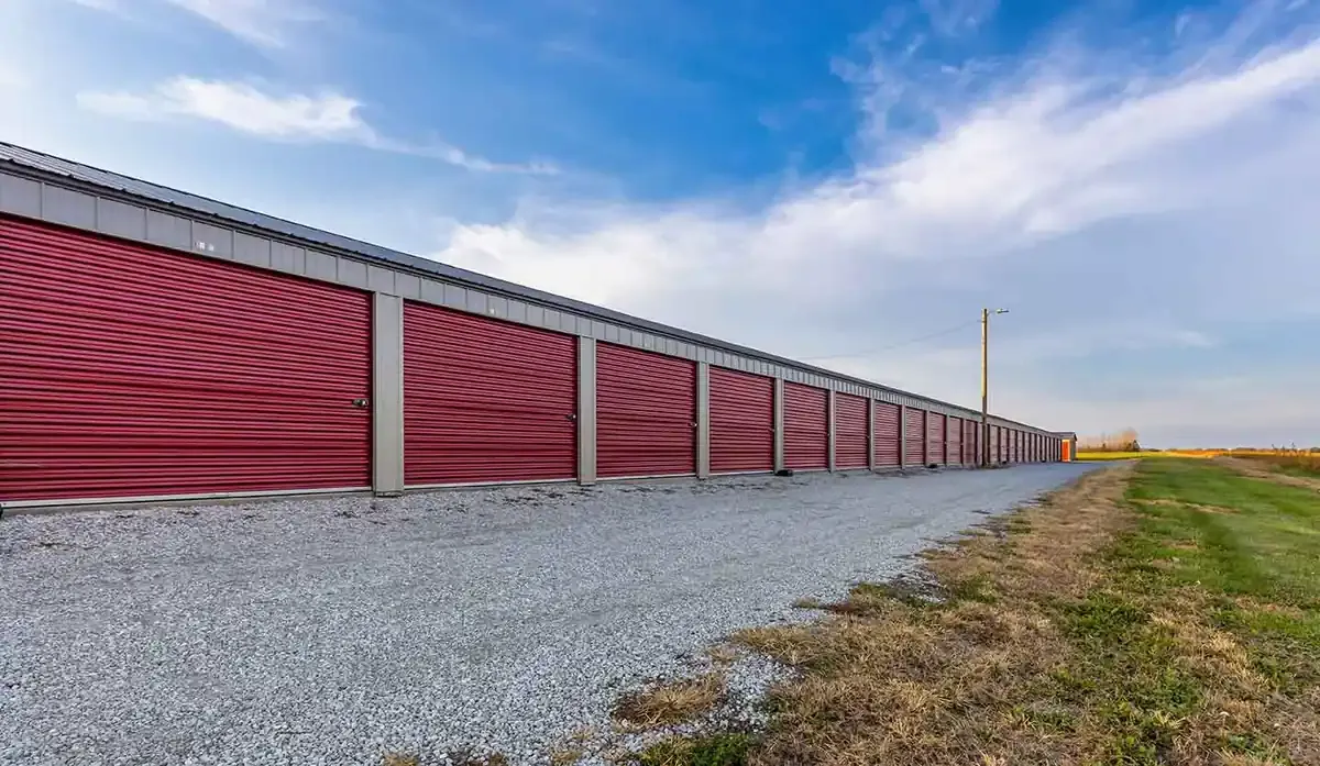 Row of units with orange doors.