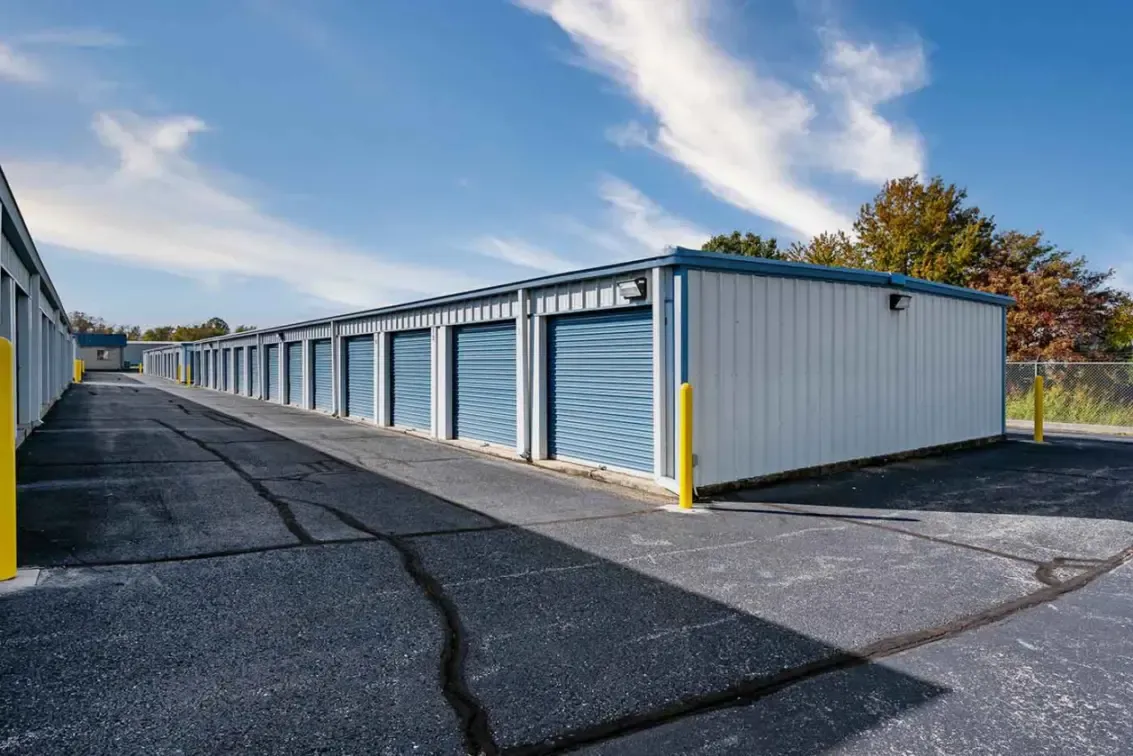 A row of units with blue doors.