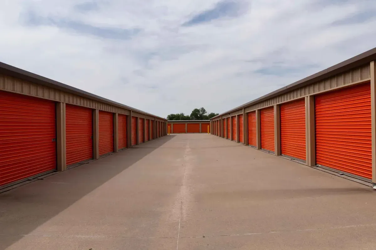 Three-sided row of storage units.