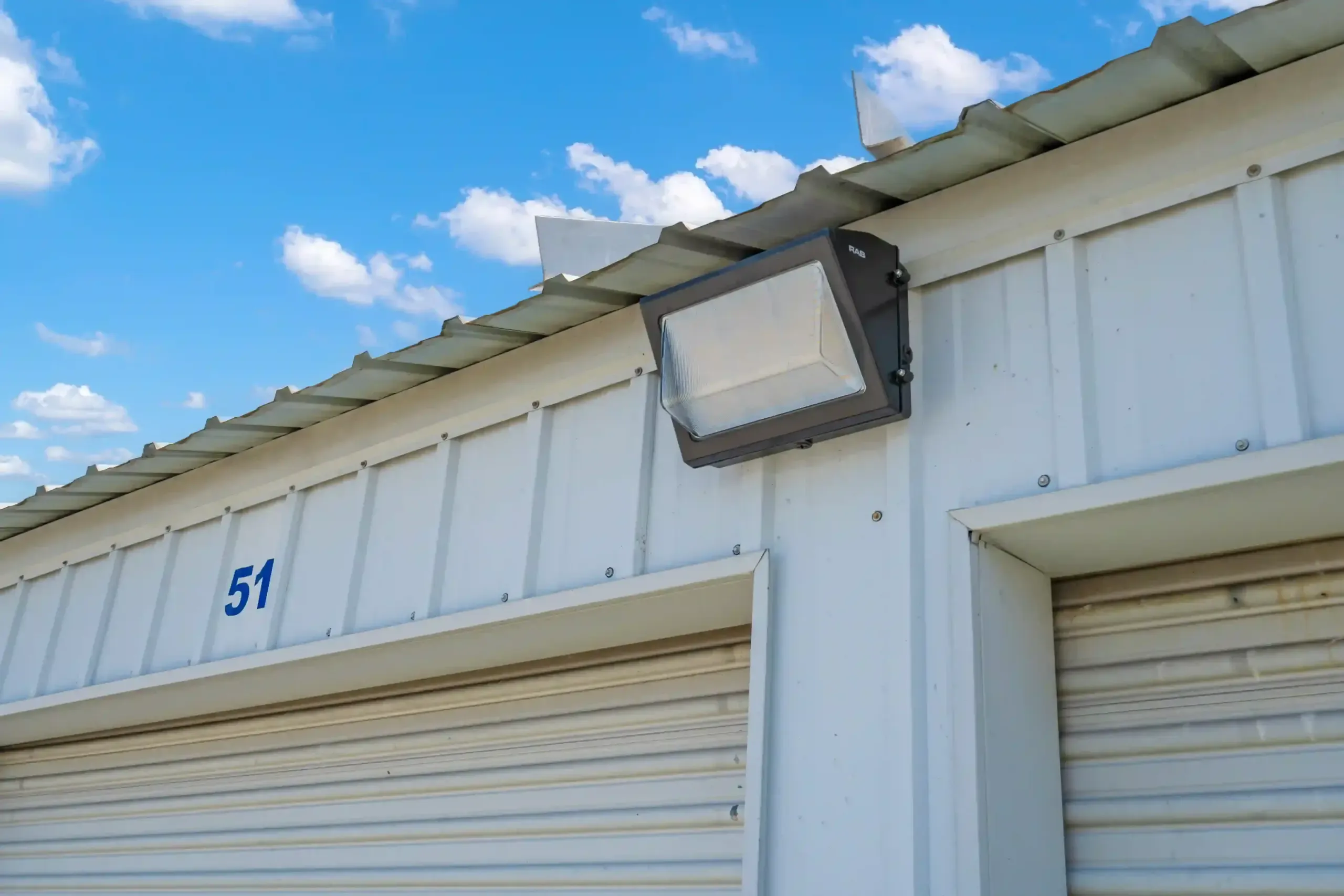 A floodlight on a unit building.