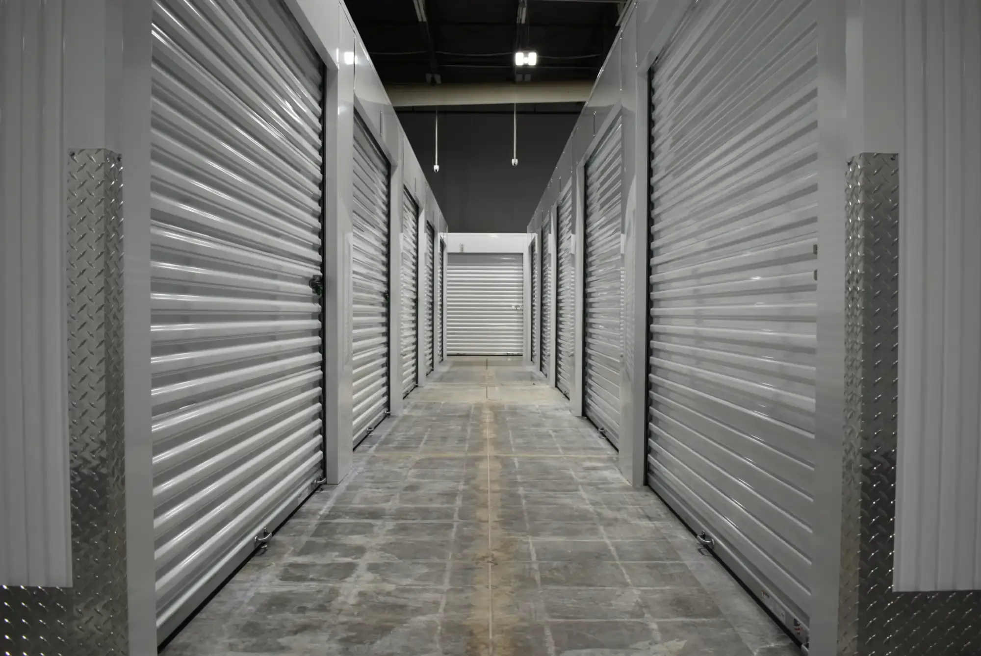 An interior storage unit hallway.