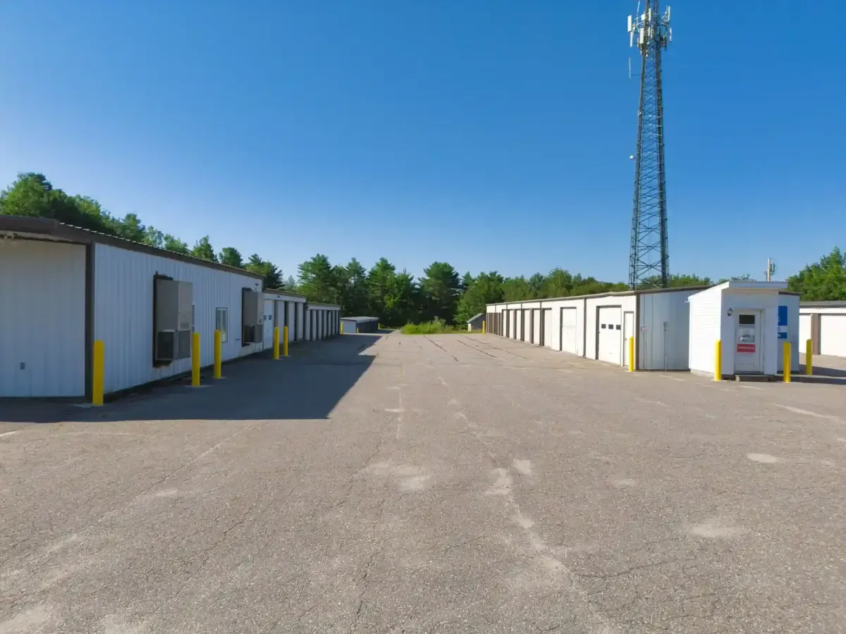 A wide aisle of storage units.