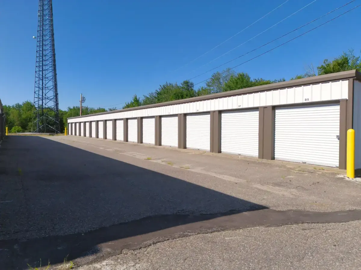 A long row of storage units.