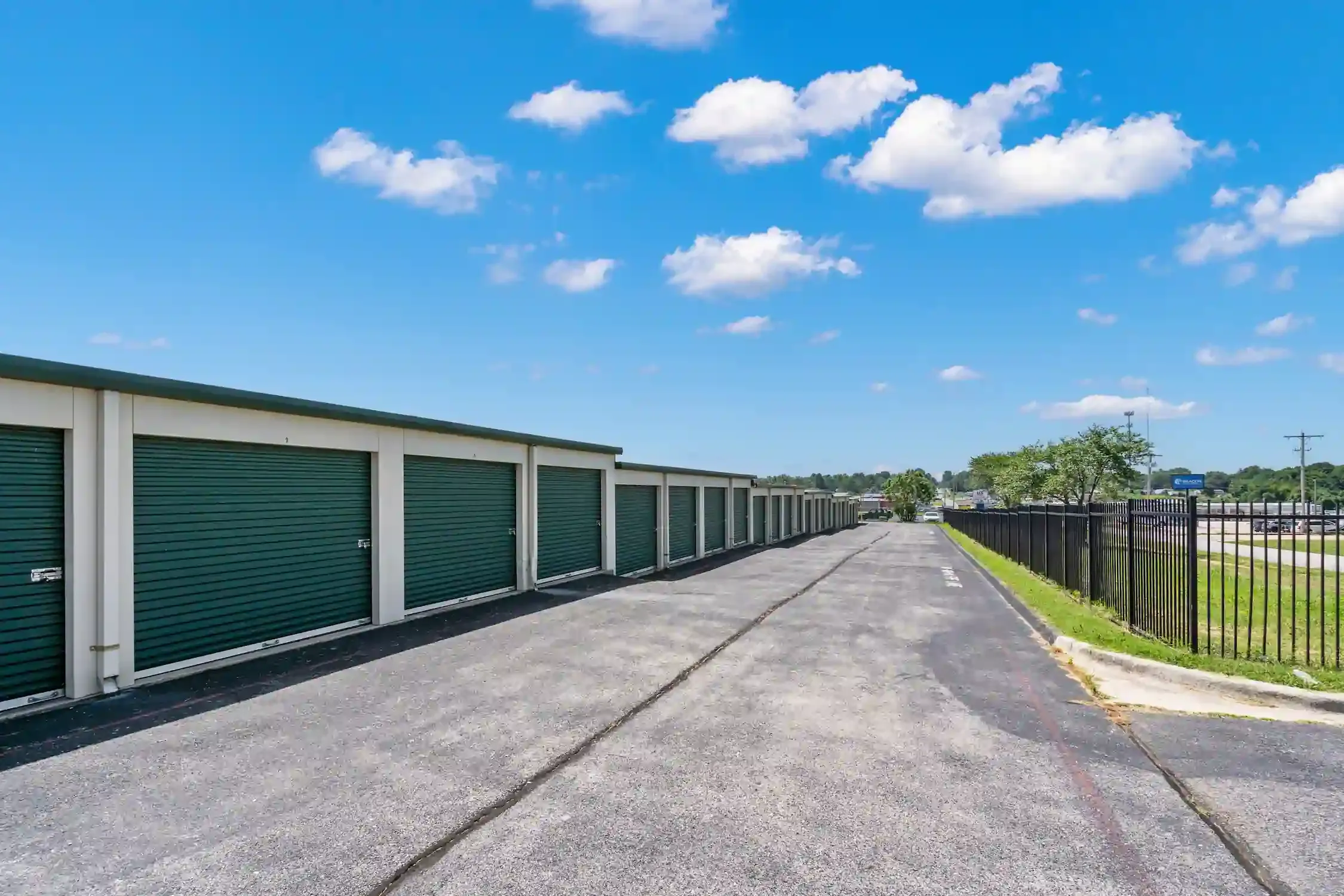 A row of storage units going downhill.