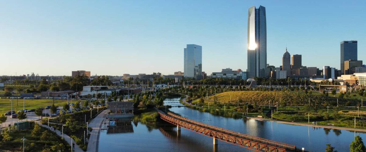 A beautiful view of the downtown Oklahoma City skyline and river walk.