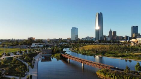 A beautiful view of the downtown Oklahoma City skyline and river walk.