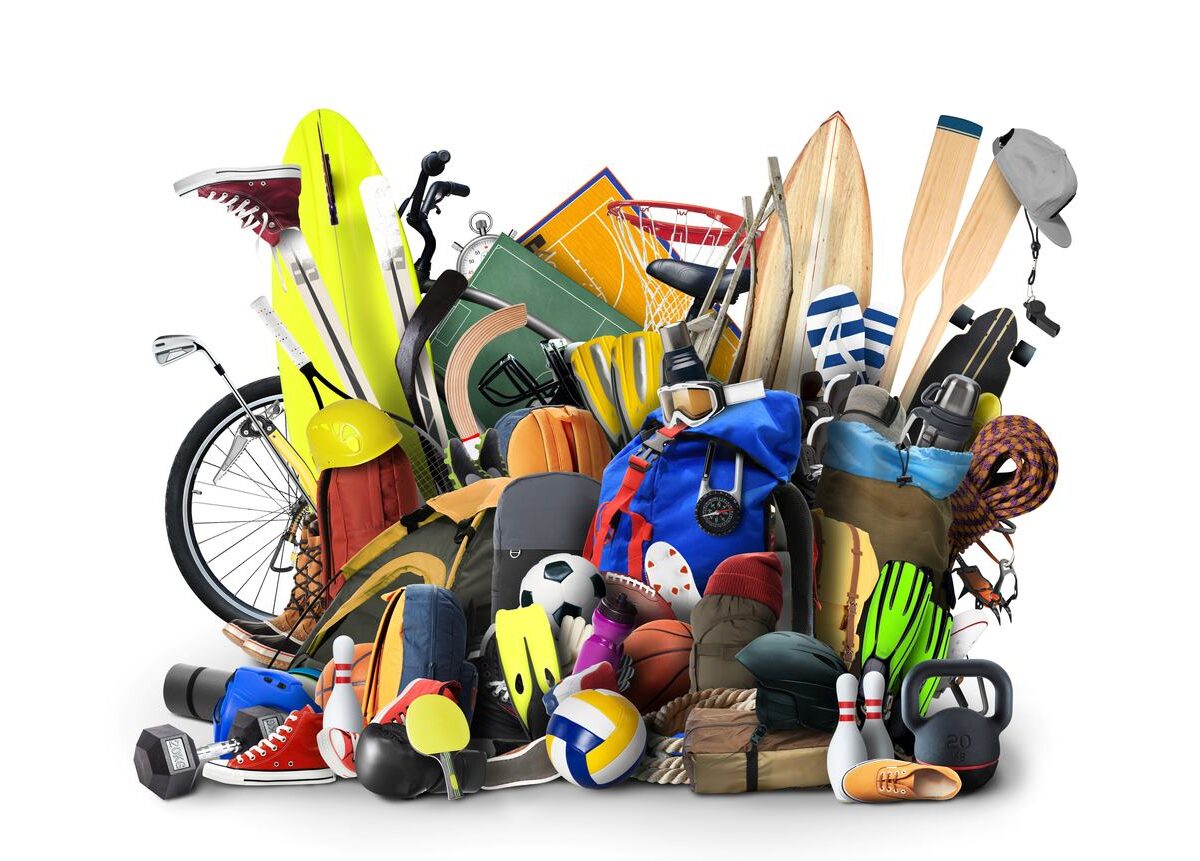 A group of common seasonal recreational gear, such as bicycles, surfboards, kayaks, and sports equipment.