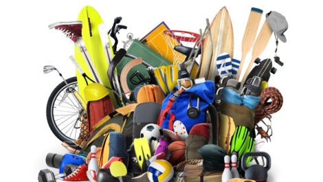 A group of common seasonal recreational gear, such as bicycles, surfboards, kayaks, and sports equipment.