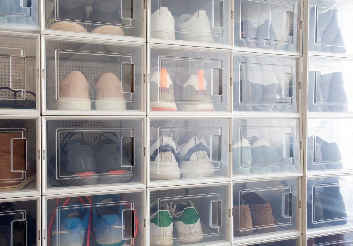 Shoes being stored in their plastic containers