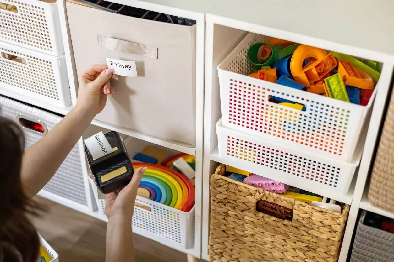 A woman labels her child’s toy storage bins with a label maker.