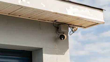 Close-up of a mounted security camera on a wall.