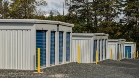 Row of storage units with closed roll-up doors along a corridor.